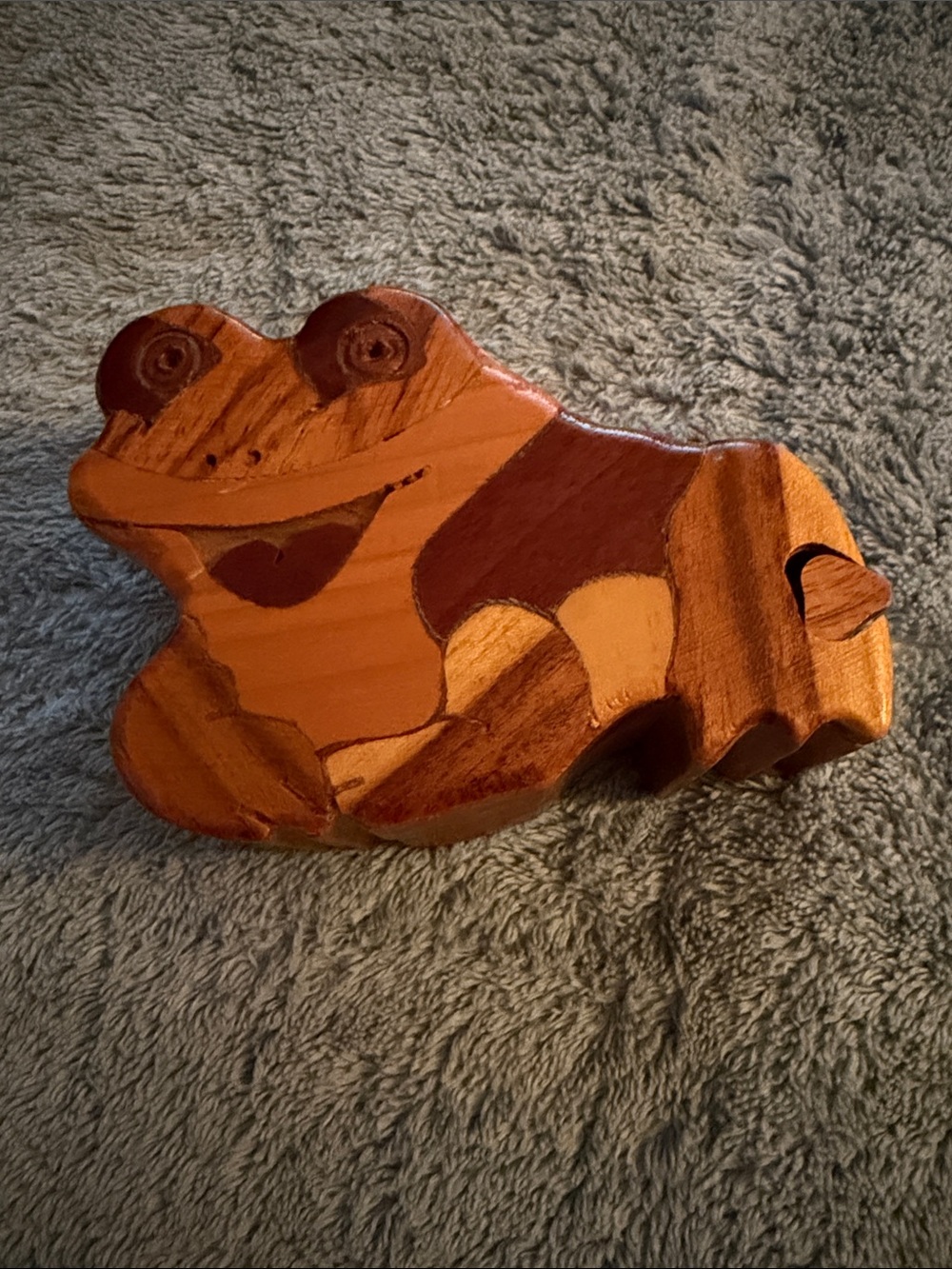 Handcrafted Wooden Frog Accent Puzzle Box in Warm Brown Tones